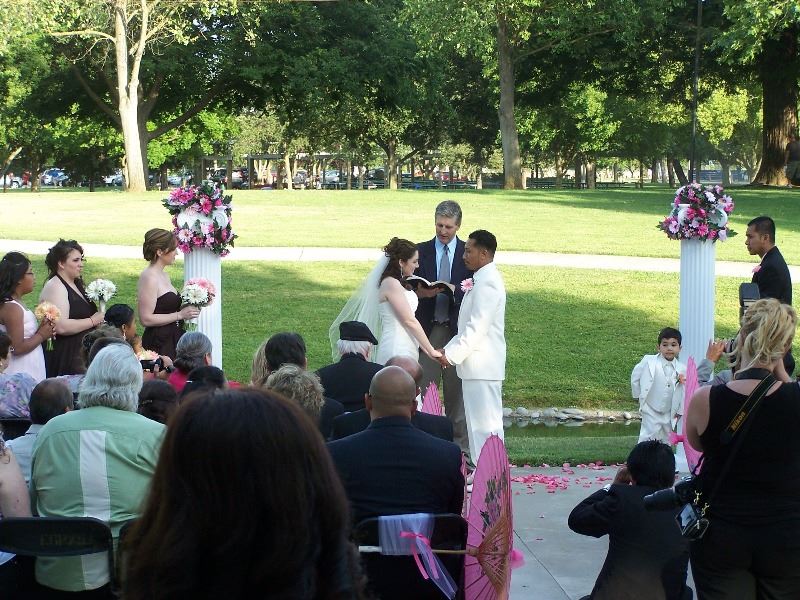 A bride and groom speak their vows on the island